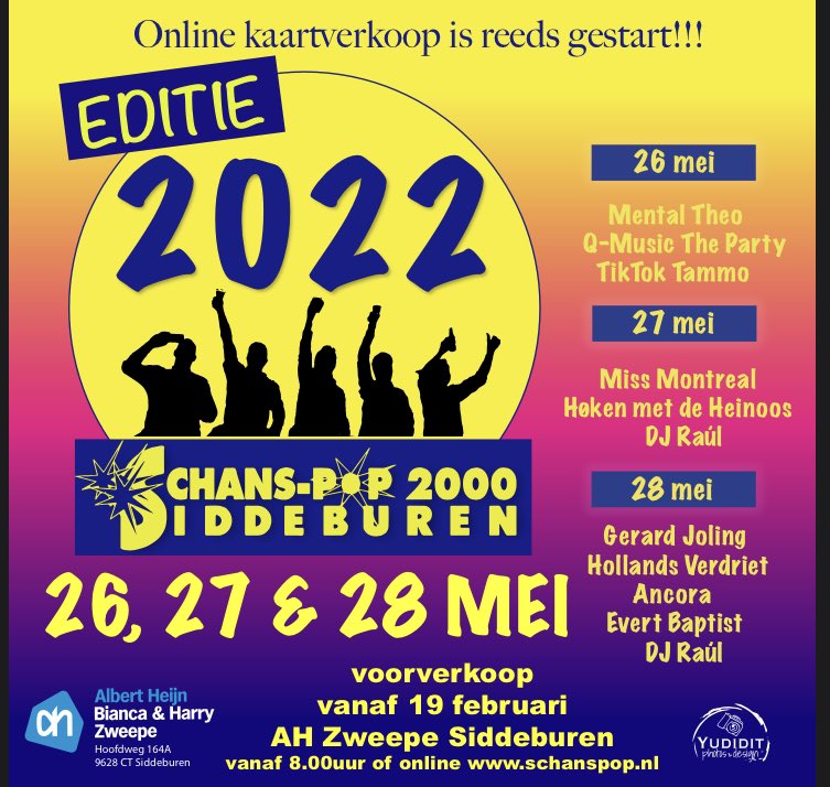 schanspop's tweet image. Yes!!! Na 2 jaar pauze gaan we weer beginnen.
Van donderdag 26 mei t/m zaterdag 28 mei gaat de Schanspop Zummer Editie 2022 weer bijna als vanouds plaatsvinden in Sibboern.
Heb je nog geen tickets gekocht vorig jaar? Geen paniek, dit kun je nu regelen. schanspop.nl