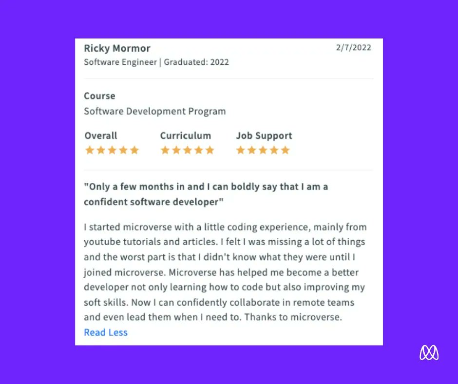 microverseinc's tweet image. &quot;Now I can confidently collaborate in remote teams and even lead them when I need to. Thanks to Microverse.&quot;

We love hearing about our student&apos;s experiences at Microverse. Here&apos;s what Microverse student Ricky had to say about the program.🙌

#learnwithmicroverse #remotelearning