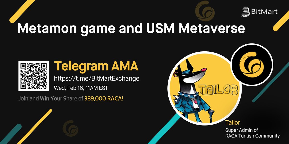 BitMartExchange's tweet photo. 🔈Join us @RadioCacaNFT 11AM EST Feb 16 for $RACA AMA! We are pleased to have Tailor, Super Admin of RACA Turkish Community

1⃣ Follow @BitMartExchange &amp; @RadioCacaNFT
2⃣ RT &amp; tag 3 frds
3⃣ Join https://t.co/UKA4qhKuip
4⃣ Fill https://t.co/BOUPADlI3O
🔥Win your share of 389k RACA https://t.co/IwcReN8SXw