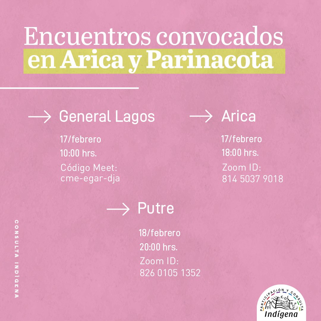 🔔Hermanas y hermanos del Pueblo Aymara, les compartimos la información de los encuentros para la región de #AricayParinacota

📲En este caso, todos los encuentros serán online y se realizarán a través de Zoom o Google Meet

Participemos y deliberemos en la #ConsultaIndígena ✊🌱