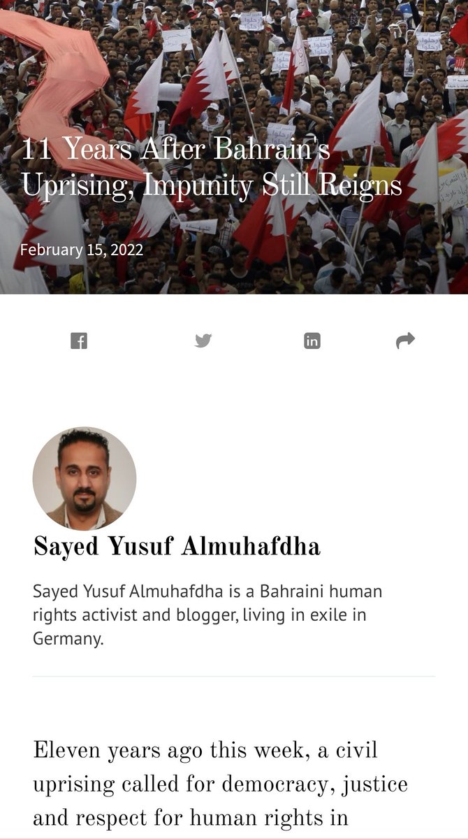 SAIDYOUSIF's tweet photo. My latest article in @DAWN_Journal

11 Years After #Bahrain's Uprising, Impunity Still Reigns https://t.co/SxmLZG96Q9 https://t.co/vaTF95l81I