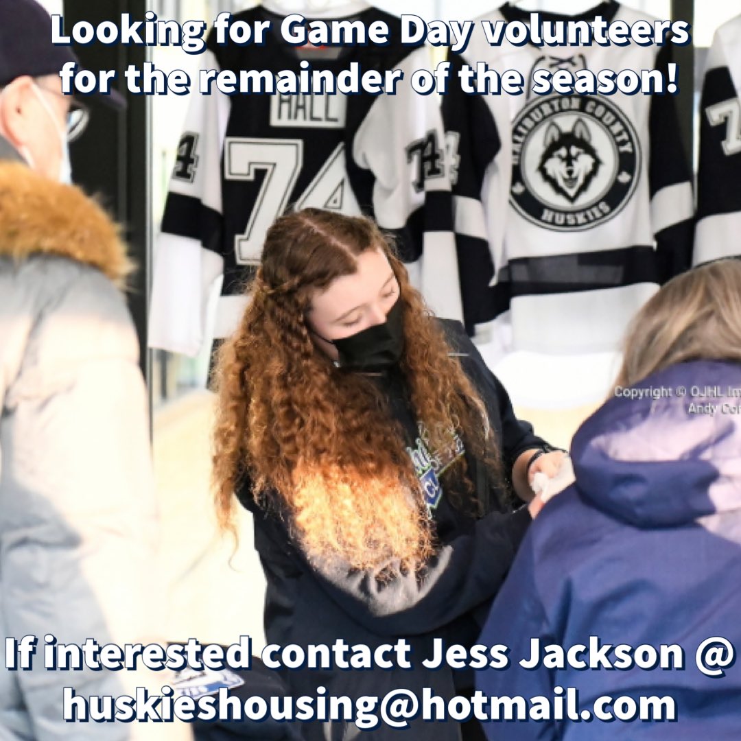 🚨VOLUNTEERS NEEDED!🚨

We are looking for volunteers for the rest of the season to help during game days!
If you or anyone you know would be interested in helping out the Haliburton County Huskies this season… please email Jess Jackson @ Huskieshousing@hotmail.com