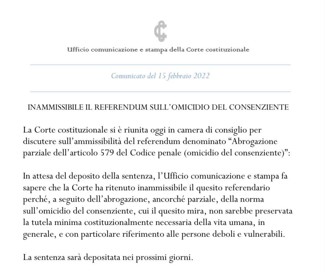 Inammissibile il referendum sull’omicidio del consenziente.

cortecostituzionale.it/documenti/comu…

#Comunicato #Sentenza #Referendum #Cortecostituzionale