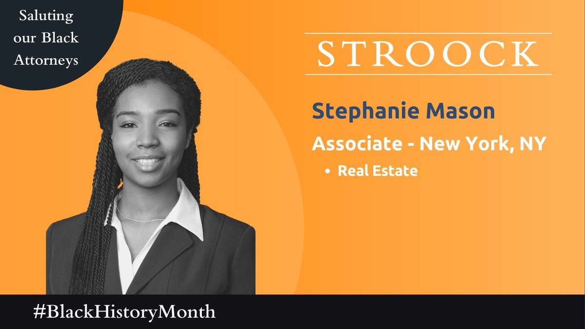 StroockRE's tweet photo. We at #Stroock benefit daily from the diversity of our community, and we are heartened to highlight team members during #BlackHistoryMonth.
Stephanie Mason is an Associate in the firm’s #RealEstate practice group.
Read More 👉 https://t.co/QN8omjWKZw
#DEI https://t.co/jrJ1Wj1ApO