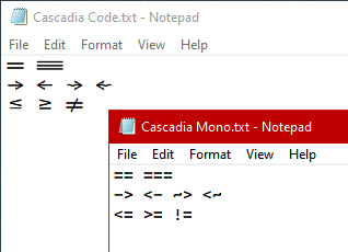JacqBens's tweet image. I thought Notepad had gone insane on me and was substituting single characters for certain character pairs, ... before realizing it was the visual effect of using the #CascadiaCode font, which features "ligatures". Switching to #CascadiaMono restored sanity!