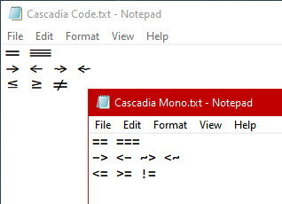 I thought Notepad had gone insane on me and was substituting single characters for certain character pairs, ... before realizing it was the visual effect of using the #CascadiaCode font, which features 'ligatures'. Switching to #CascadiaMono restored sanity!