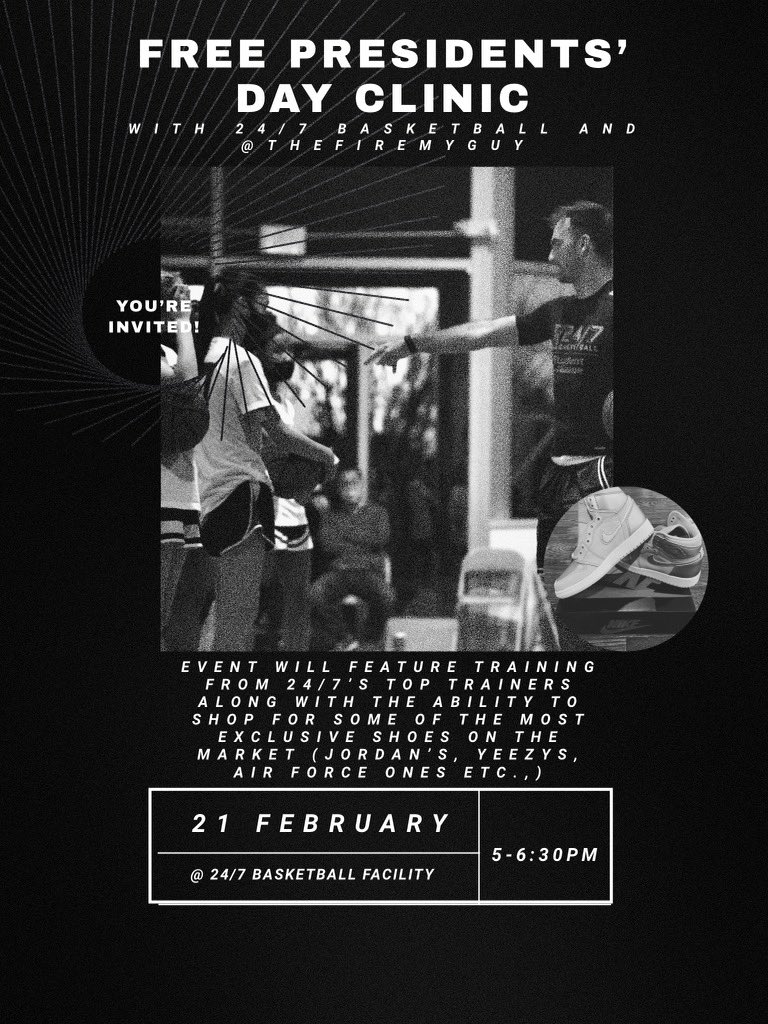 dylancranebball's tweet photo. Free Presidents’ Day clinic‼️‼️We are excited to bring 2️⃣ things that the community ❤️ 👟 and 🏀 @thefiremyguy will be giving away a raffle to a random participant at the clinic👀 This event will be sold out‼️ Please RSVP through email📩 Dylan.Crane@24-7basketball.com   #24_7 https://t.co/RS6dTNMbsC