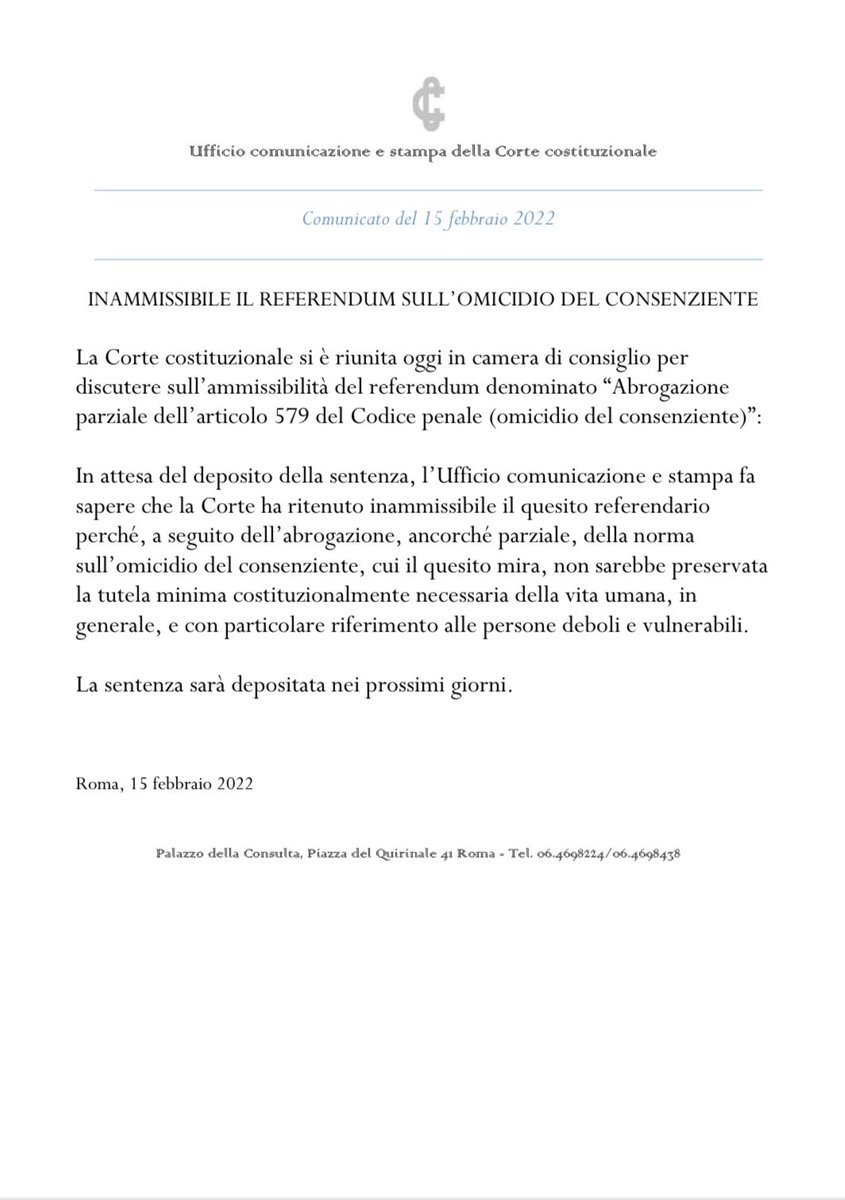 La Corte ha deciso. 

Abbiamo comunque gettato il seme per una nuova stagione laica e di democrazia nel nostro Paese. 

Grazie a tutti coloro che hanno dato forza alla nostra battaglia.

<a href="/ass_coscioni/">Associazione Luca Coscioni</a> <a href="/EutanaSiaLegale/">LiberiFinoAllaFine</a>