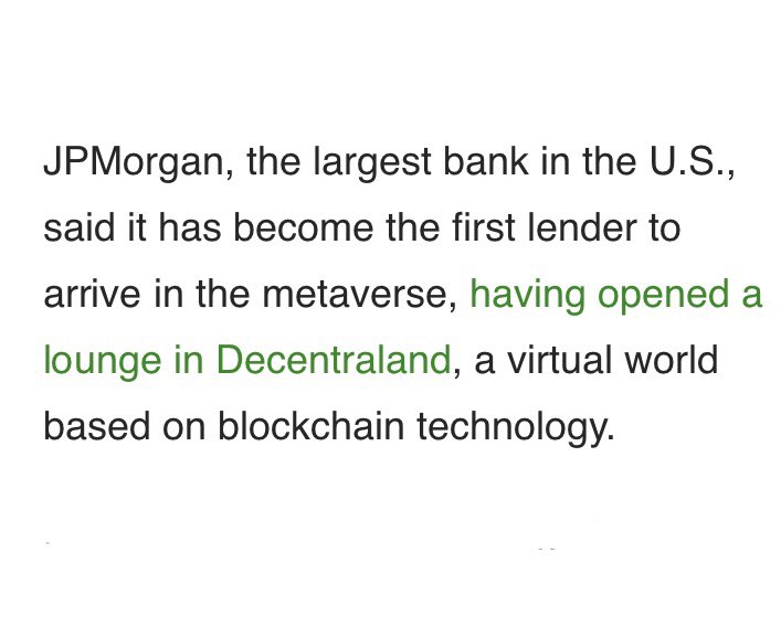 thekriskay's tweet image. You CANNOT make this up 💀💀

JP Morgan: our banking customers are not allowed to buy crypto. 🤡

Also JPMorgan: we just bought Metaverse land in decentraland and opened up a lounge on it!