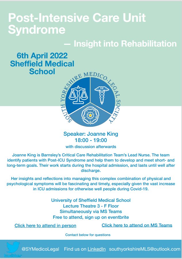 SYMedicoLegal's tweet photo. *Roll up* *roll up* for our next seminar! "Post ICU Syndrome - Insight into Rehabilitation" #SYMLS #Seminar #ICU https://t.co/xxmV3W7ibl