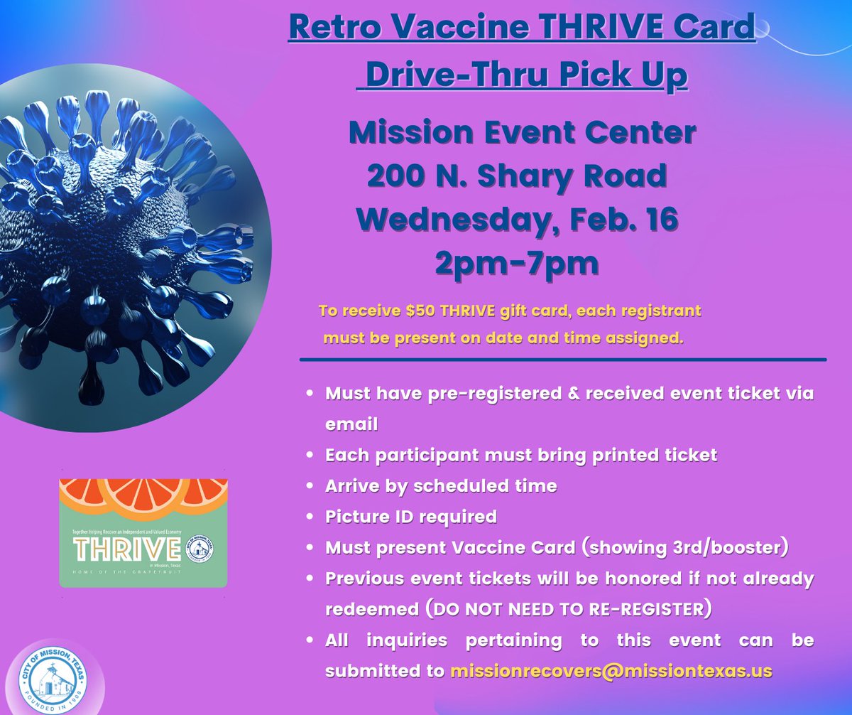 TOMORROW!
 📛 Our Retro Vaccine THRIVE Drive-Thru is happening WEDNESDAY <a href="/MEC_Tx/">Mission Event Center</a> 💳
📛 This one is for folks that couldn’t make it during regular work hours so we scheduled pick up 2-7pm!
📛 Must have pre-registered &amp; received ticket to get your $50 card❗