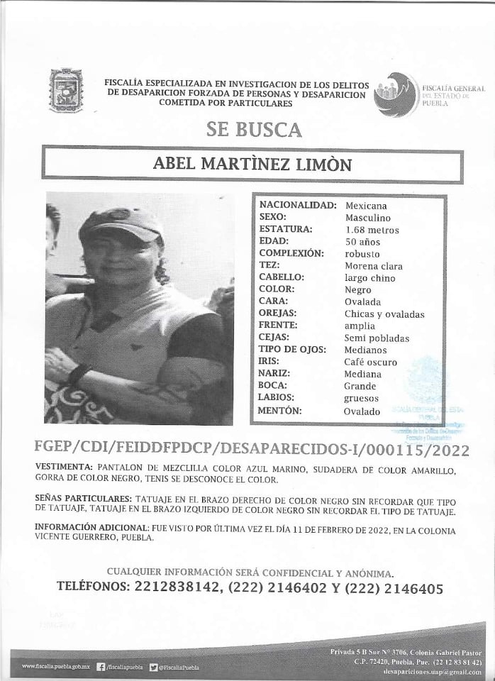 JCarlos_Valerio's tweet photo. #ServicioSocial  | Solicitamos su ayuda para localizar a Abel Martínez Limón, de 50 años de edad. Fue visto por última vez el 11 de febrero en la colonia Vicente Guerrero. #Puebla https://t.co/dH1wivk1IQ