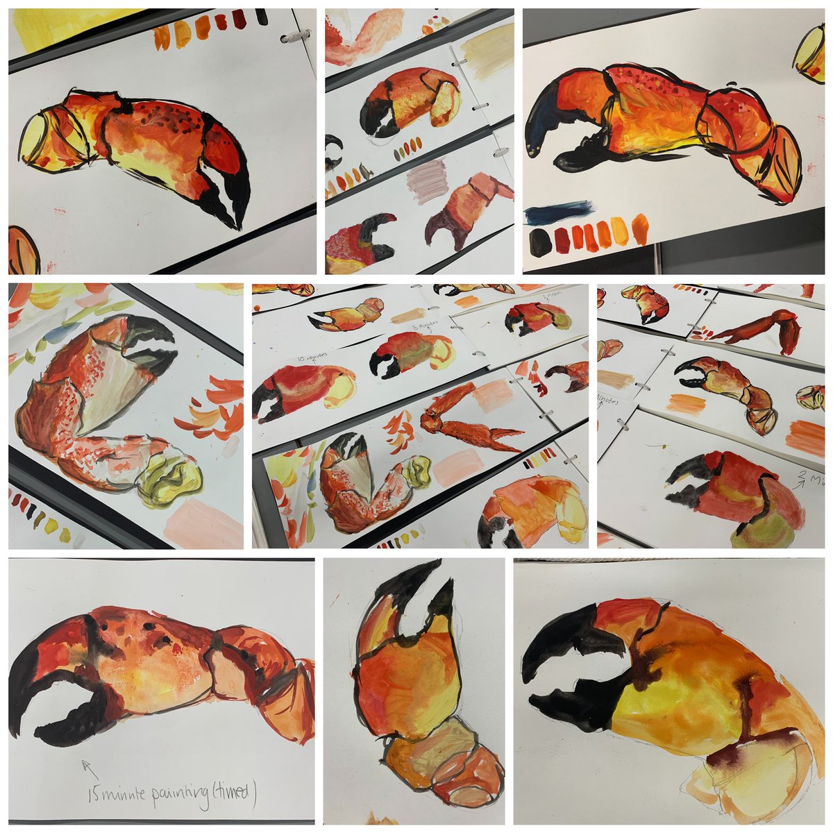 LouiseClazey's tweet photo. Lots of lovely gestural paintings of crab claws by my Y10 group this afternoon, in their handmade long landscape format sketchbooks. Students completed 3 claws in the lesson-1x15 min painting, 1x5 min and 1x2 mins,an idea I borrowed from one of our brilliant trainee teachers. https://t.co/lT0N40WMXH