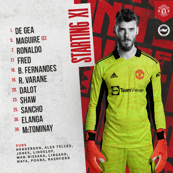 MUnitedFR's tweet photo. Voici le XI qui va débuter contre Brighton :

De Gea, Dalot, Varane, Maguire, Shaw, Fred, McTominay, Fernandes, Elanga, Sancho, Ronaldo

#MUFC #MUNBHA https://t.co/3byVRCyLoB