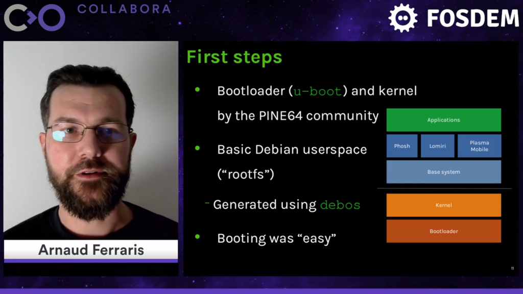 Collabora's tweet image. Watch now: &quot;2 years of #Mobian: Birth and growth of a #mobileLinux distribution&quot;, presented earlier this month at #FOSDEM by Arnaud Ferraris. col.la/fsdmb

@MobianLinux @linmobblog @thepine64 #LinuxPhone #PinePhone #mobile #debos #OpenSource