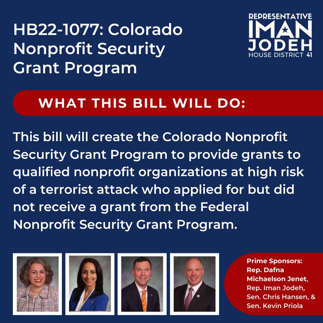 ImanforColorado's tweet photo. Today, the Colorado Nonprofit Security Grant Program bill goes before committee. This legislation will help protect non-profits that represent and enhance many communities in Colorado. For more details, read this article in the Denver Post. https://t.co/mUjDxsSVKj https://t.co/7SgRrN3f0K