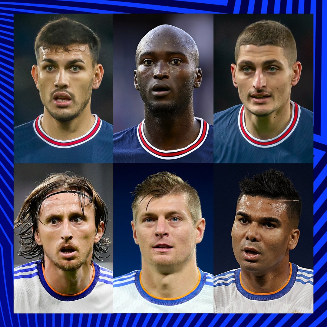 ChampionsLeague's tweet photo. Paredes, Danilo &amp; Verratti 🆚 Kroos, Modrić &amp; Casemiro...

🤔 Midfield battle: who'll come out on top in Paris?

#UCL https://t.co/JEChn40IEX