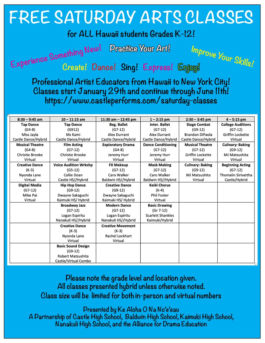 HIDOE808's tweet photo. All HIDOE students: Ke Aloha O Na Noe‘eau is offering free Saturday classes in various arts. Classes for Castle, Kaimukī, Nānākuli and Baldwin High Schools will be hybrid and Zoom for virtual. Check the latest listings and register at https://t.co/mZDA361pD3.

#PublicSchoolsWeek https://t.co/R3kvinK19L