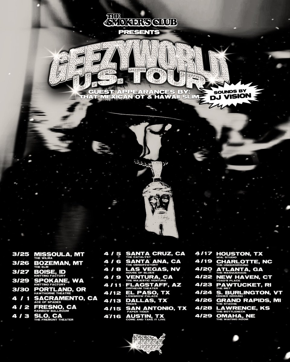 GEEZYWORLD DELUXE TOUR 🌏🌎🌎 TICKETS ON SALE FRIDAY 10AM PST ON GEEZYWORLD . COM 💙 BROUGHT TO YOU BY THE SMOKERS CLUB💨
