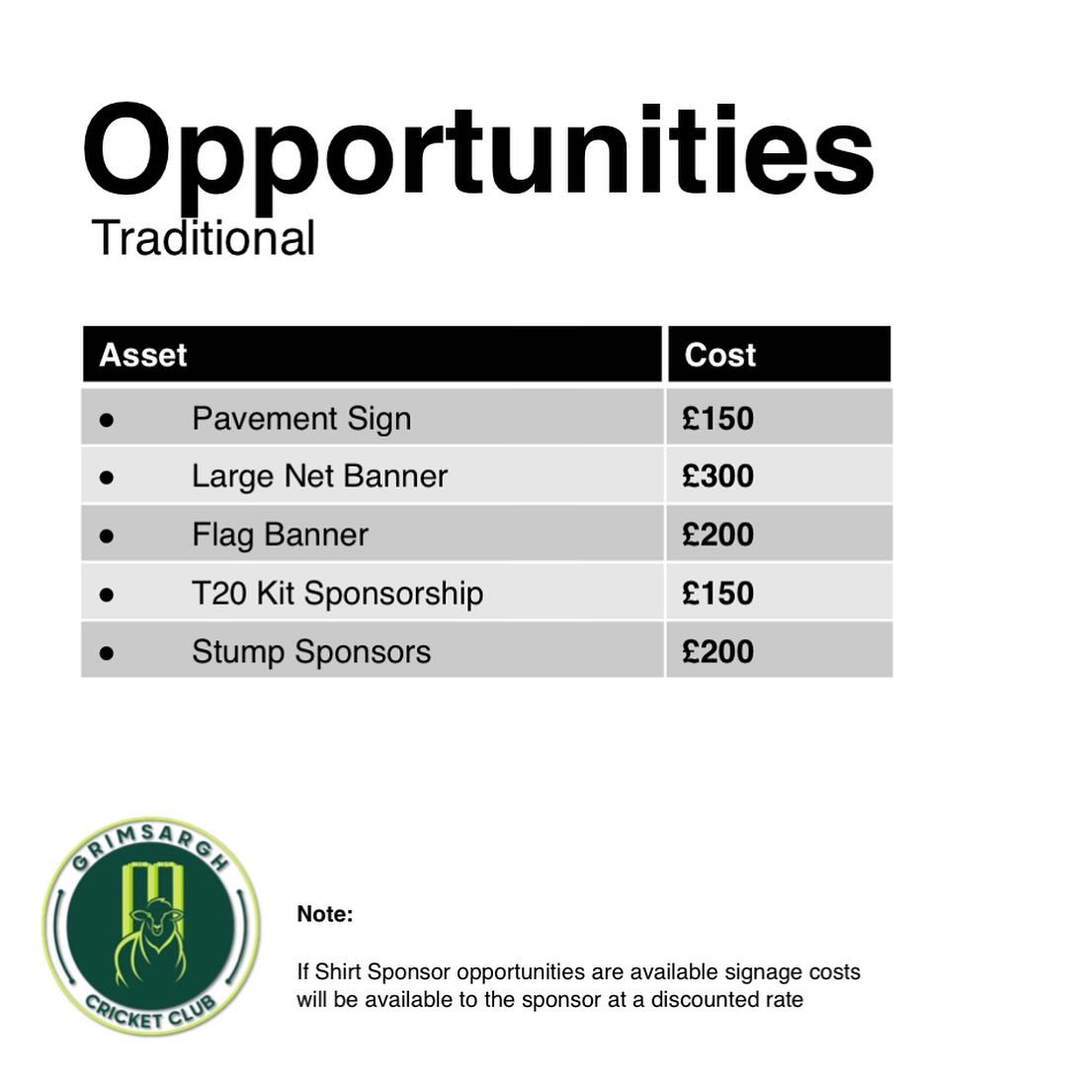 GrimsarghCC's tweet photo. Additional Sponsor Opportunities:

If you are interested in Sponsoring us please get in touch via our social pages or through our email - grimsarghcricket@gmail.com which can also be found through our website.

🐑🏏 https://t.co/TI33FzBnx3