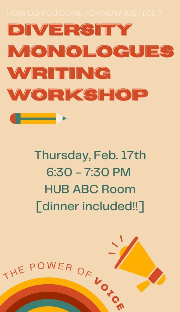 WhitCompCommons's tweet image. The Whitworth diversity monologues writing workshop is this Thursday night at HUB ABC or on zoom from 6:30-7:45pm. Come join us to work on your monologues! #Whitworth #DiversityMonologues
