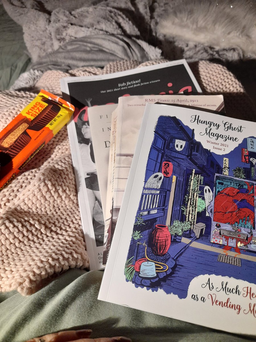Getting into bed by 8pm with some chocolate and a stack of #books and #litmags is the best feeling ever.