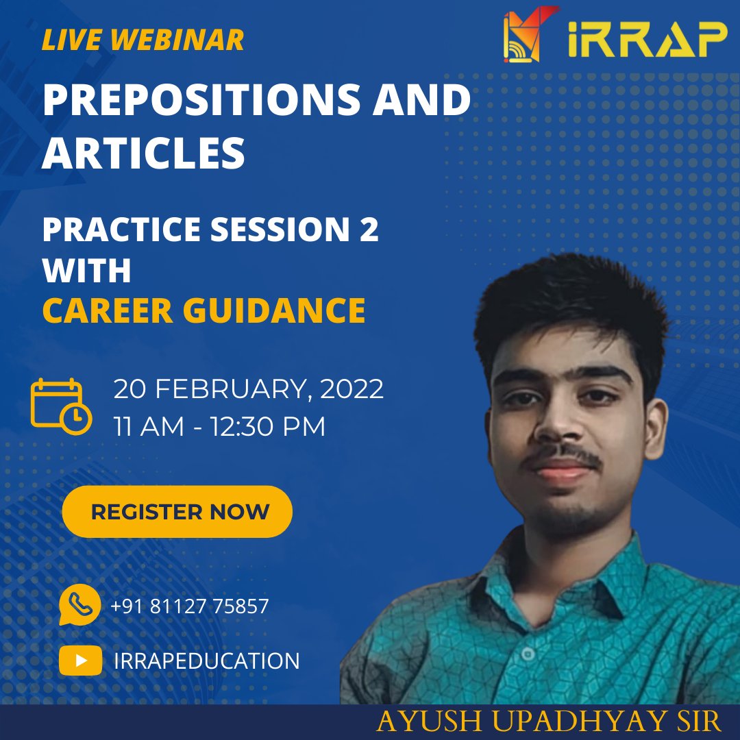irrap_education's tweet photo. Practice Session and Career Guidance
Topic: Prepositions and Articles
Presented By - Ayush Upadhyay Sir
Register here: https://t.co/2R2stwPrbD
Join link: https://t.co/aeHOCO0BuO
Subscribe to our YouTube Channel for latest Updates : https://t.co/UIGk37Z7cb
#IRRAP #IRRAPTalks https://t.co/TFx8VS9p5l