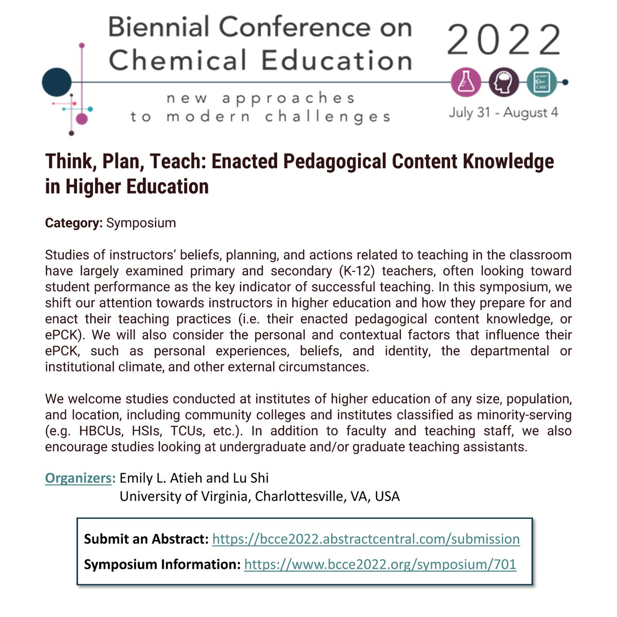 StainsLab CER (@uvacer_stains) on Twitter photo Conducting ChemEd research on faculty/TA practices, beliefs, or other topics related to professional development? 🎓👩🏻🏫
Consider submitting an abstract to the BCCE symposia below, run by our group's postdoc and grad student, <a href="/emily_atieh/">Emily L. Atieh 🧪🧬</a> <a href="/Lu_Shi21/">Lu Shi</a>
bcce2022.org/symposium/701 Conducting ChemEd research on faculty/TA practices, beliefs, or other topics related to professional development? 🎓👩🏻🏫
Consider submitting an abstract to the BCCE symposia below, run by our group's postdoc and grad student, <a href="/emily_atieh/">Emily L. Atieh 🧪🧬</a> <a href="/Lu_Shi21/">Lu Shi</a>
bcce2022.org/symposium/701