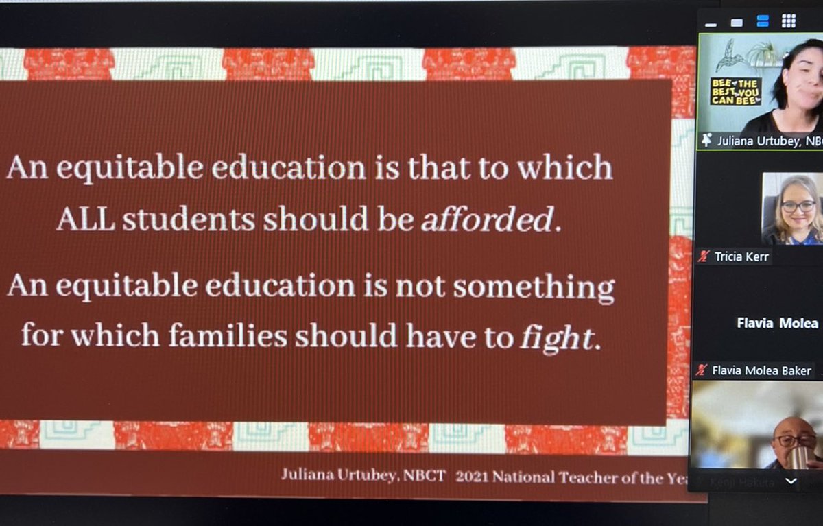 Tricia_Kerr_123's tweet photo. Inspiring to hear from @JulianaUrtubey3 , 2021 Nat’l Teacher of the Year’s story/how she advocates for Cultivating a Joyous and Just Education for All! THIS is why I work-equip systems to ensure students/families belong/are afforded a quality education. #ELCollaborative @CCSSO https://t.co/QHYA6HIrRg