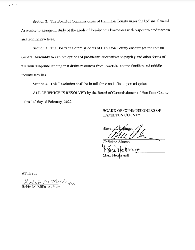 THANK YOU @HamCoIndiana Board of Commissioners for approving a Resolution Requesting the Rejection of SB 352 which would 'authorize additional new predatory loan models in the State of Indiana'!