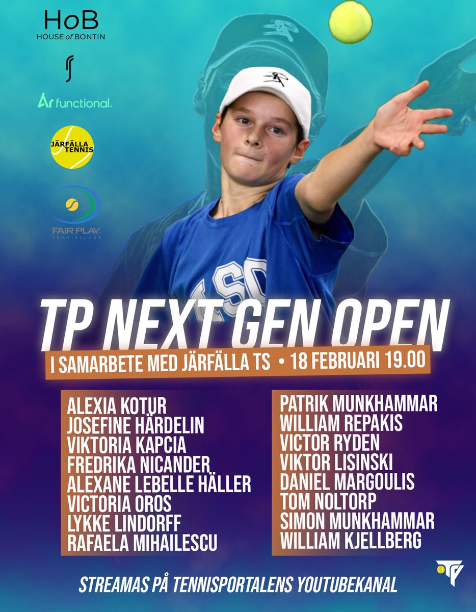 tennisportalen's tweet image. På fredag mellan 19:00-23:00 deltar 16 av landets mest talangfulla talanger i TP Next Gen Open! ⚡️

Tävlingen streamas på Tennisportalens Youtubekanal med en trekameraproduktion + kommentering, DJ, speaker, intron m.m 

Syns och hörs på fredag! ⚡️