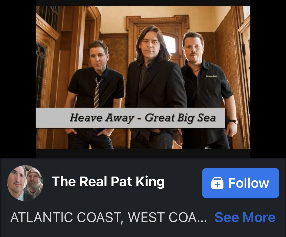 RealDonBradshaw's tweet photo. The lads from Great Big Sea must be so proud. Right-wing conspiracy theorist Pat King is using ‘their song’ in one of his Facebook rants. Someone want to tell this fountain of misinformation he’s got another thing wrong. #TheFables https://t.co/573cGwFsfR