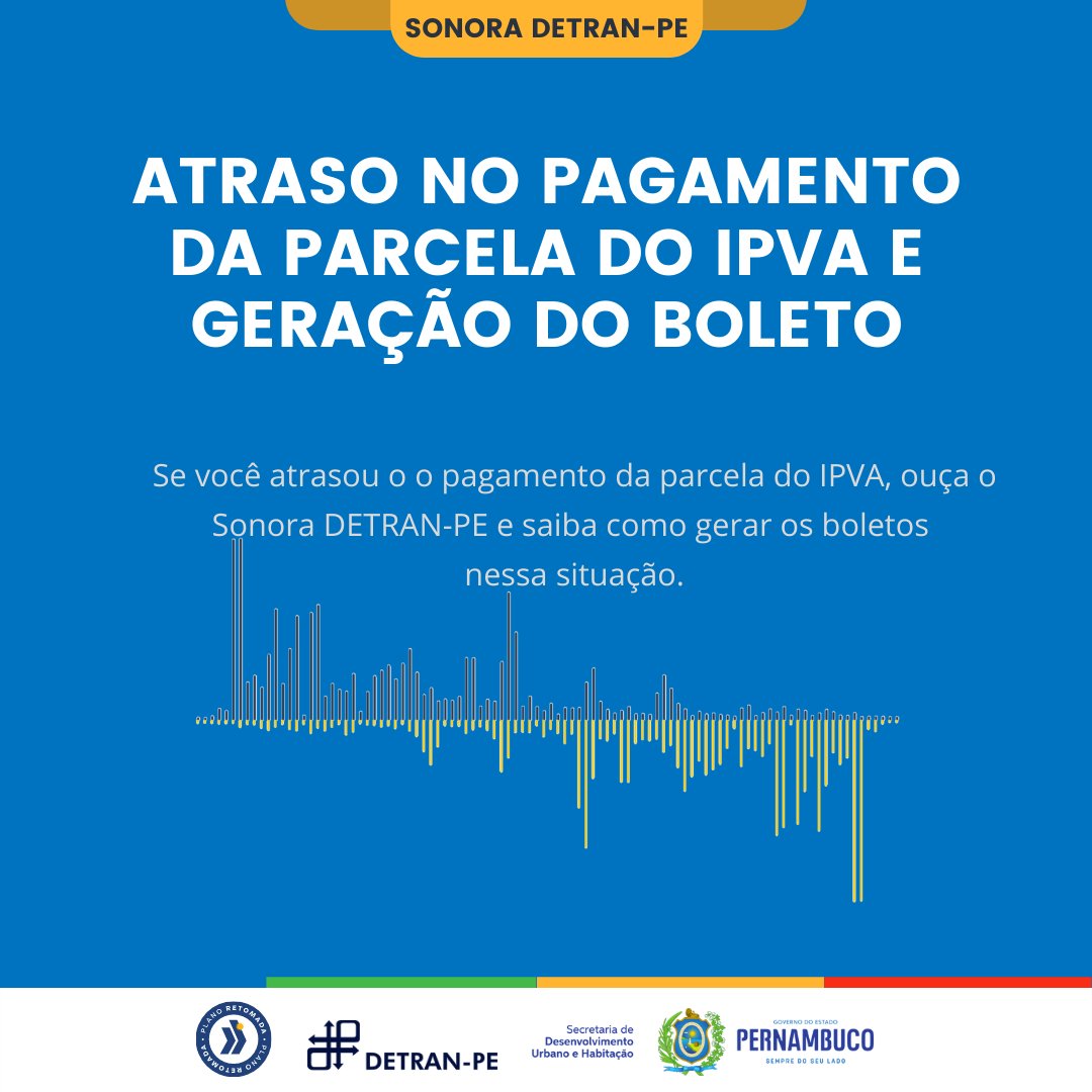 DetranPE's tweet photo. Se você atrasou o o pagamento da parcela do IPVA, ouça o Sonora DETRAN-PE e saiba como gerar os boletos nessa situação. Acesse: https://t.co/GR66T5vykt
#ipva
#ipva2022 https://t.co/tuwJ8agPdk