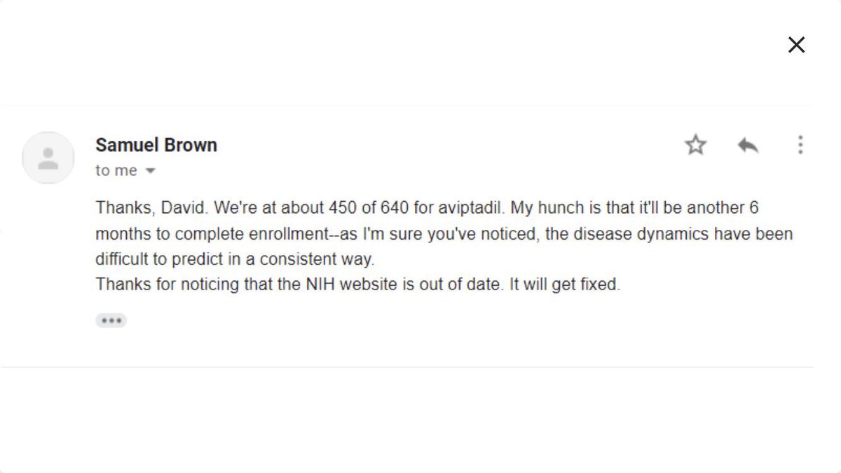 HarveySpecTrade's tweet photo. @WangReynold That is unclear from the content of the release, which anyone who has followed NRXP over the last 18 months is intimately familiar with. I’m going by the explicitly stated patient number, which is supported by this recent email from the principal investigator. @DrSamuelBrown https://t.co/edUHe7wJLi