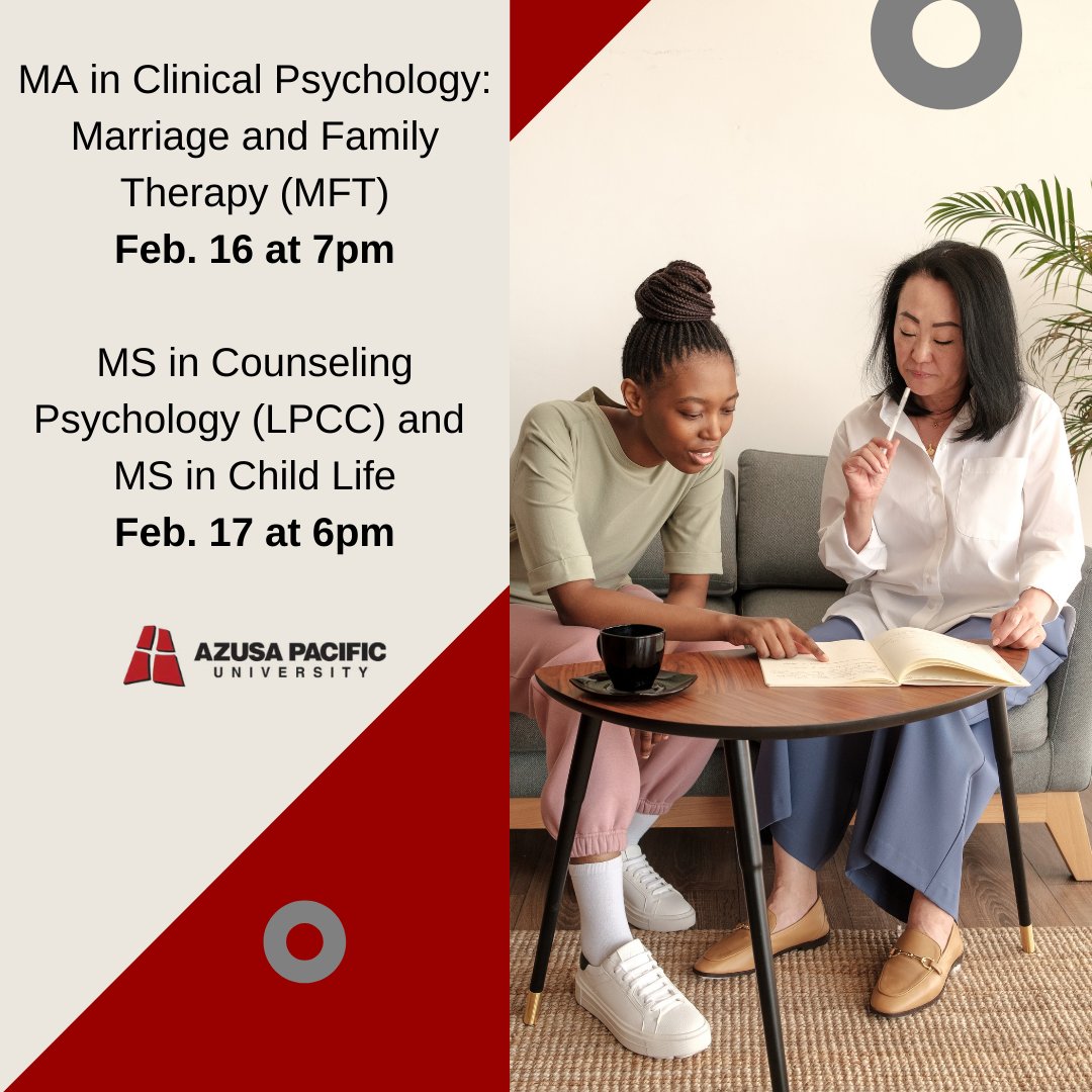 APUGradPrograms's tweet image. It's not too late to RSVP! Learn about APU's MFT program on Feb. 16 at 7pm (ow.ly/Ufvf50HTgB9), or APU's Counseling Psychology and Child Life programs on Feb. 17 at 6pm (docs.google.com/forms/d/e/1FAI…).