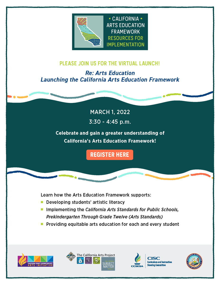 SmallSchoolDA's tweet image. Arts education can be a change agent in our schools to transform school environments. Learn how to inspire an arts education reawakening in your school! 

Learn more at the #CaArtsEdFramework Launch on March 1, 2022, at 3:30pm. ow.ly/UMiV50HR3Vt
@TCAPCAlifornia @ccsesaARTS