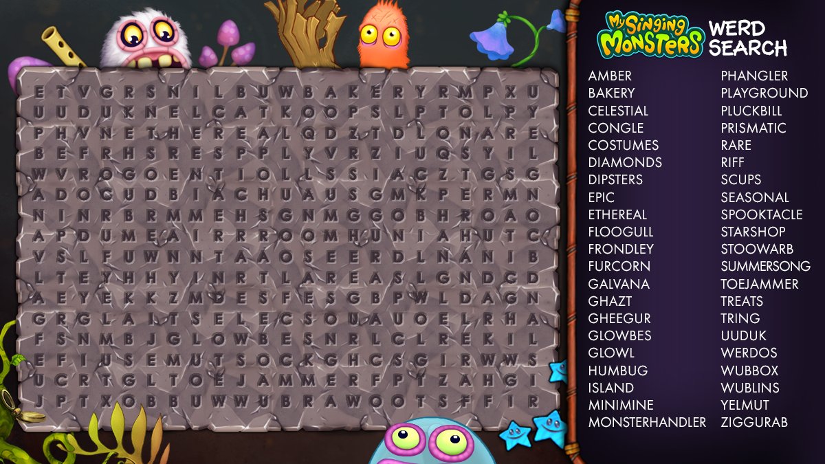 My Singing Monsters on Twitter: "Want to play a little game with us? 😎 See  if you can find all of the words in this puzzle! 🕵️‍♂️ Let us know when you