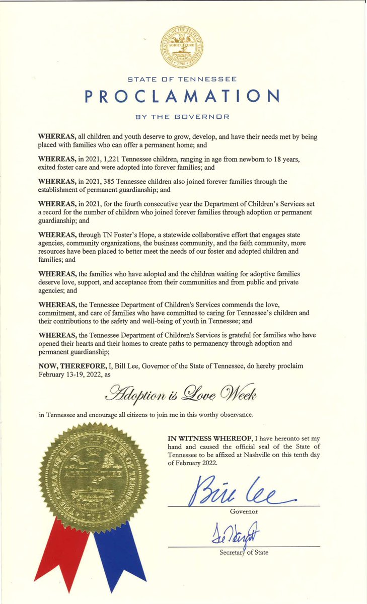 During “Adoption is Love Week”, we recognize the many forever families across TN who have opened their hearts &amp; homes to give our youth a permanent, safe &amp; loving environment.

Thank you, TN adoptive families for the role you play in helping children reach their full potential.
