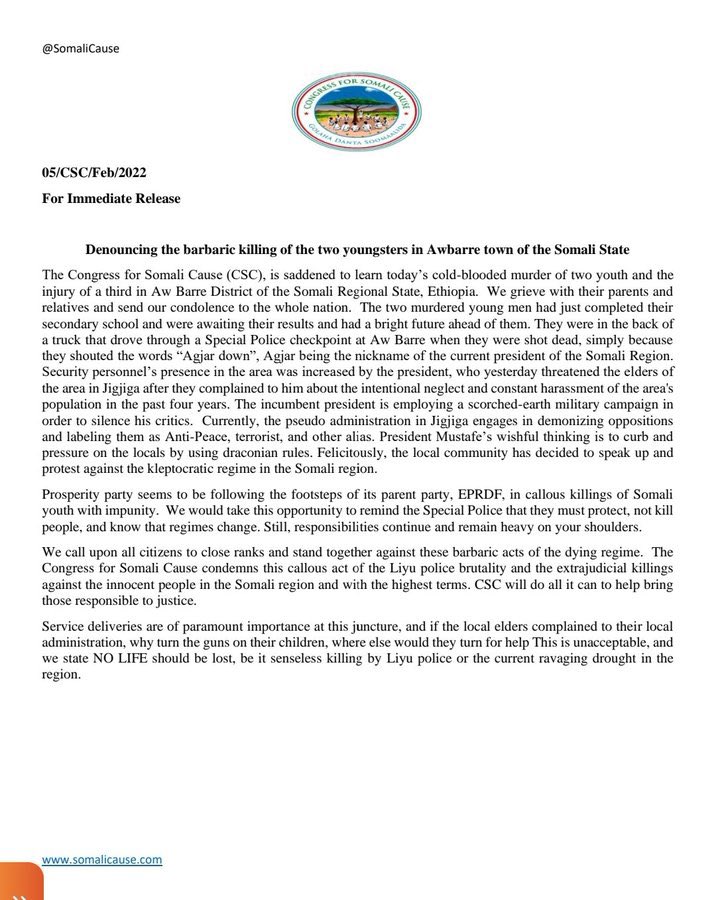 Haruun_Yousuf's tweet photo. For Immediate Release
@SomaliCause Denouncing the barbaric killing of the two youngsters in #Awbarre town of the #Somali State. @hrw @addisstandard @AJEnglish @USEmbassyAddis. https://t.co/bRRqqlOo5M