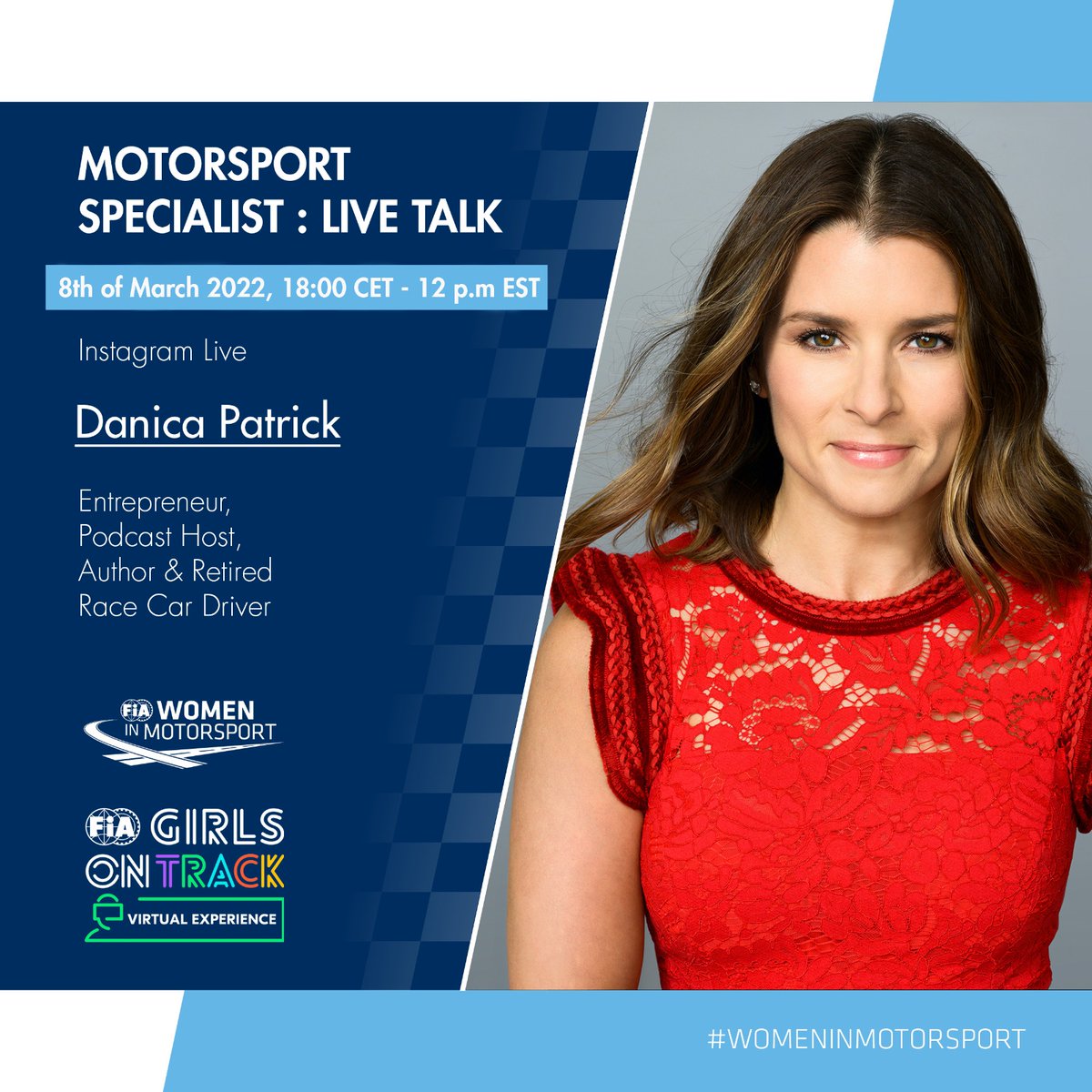 fiawim's tweet image. MARK YOUR CALENDARS❗️📅

On March 8 at 6 p.m. CET/12 p.m.EST the one and only @DanicaPatrick  will star in our @FIA #GirlsOnTrack Virtual Experience on Instagram💥

Danica will tell us more about her experiences as a racing driver and what it takes to build a career in motorsport