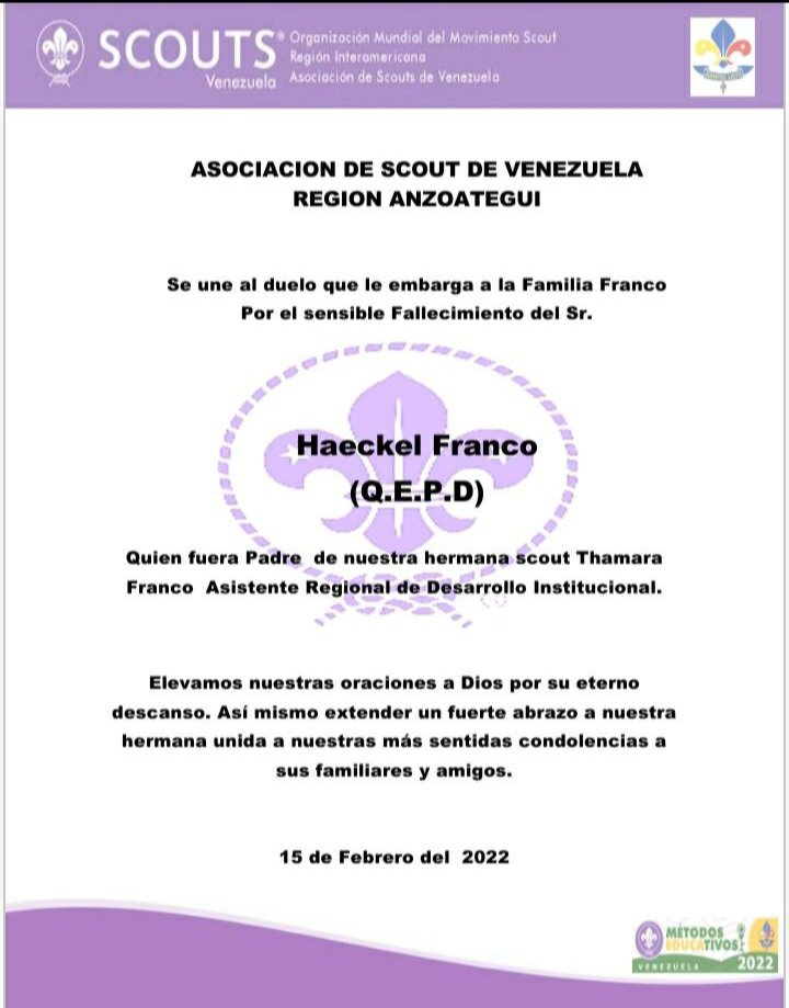 Desde región Anzoátegui nos unimos al duelo que embarga a nuestra hermana scout Thamara Franco.
Paz a su alma