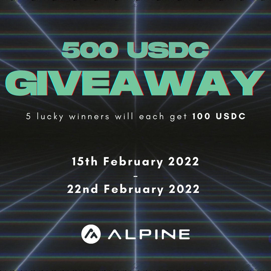 AffineDeFi's tweet image. In the spirit of DeFi for all, we’re announcing our 2nd giveaway series
This week, 5 winners will each receive 100 USDC!!
Entry closes Tuesday 2/22 11:59PM EST
To Qualify:
- Follow @Alpinedefi
- Love and retweet this post
- Fill out 2 questions form forms.gle/Zvr7ECwCVATZv6…