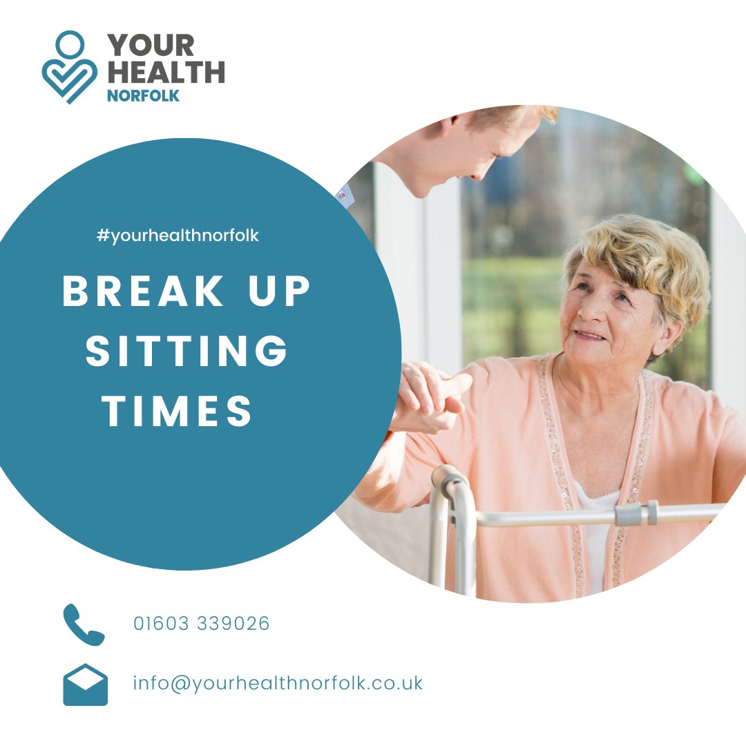 BREAK UP SITTING TIMES

CMO (Chief Medical Officer) guidelines for physical activity in adults and older adults recommends minimising sedentary time and break up periods of inactivity.

Try to stand every 20-30 minutes, marching on the spot or walking to another room and back.