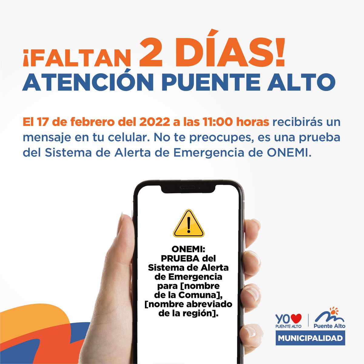 mpuentealto's tweet photo. ¡Quedan 2 días! 👀

Recuerda que este jueves @onemichile enviará un mensaje de texto, junto con una alerta sonora a tu celular 🚨 📲, para probar su Sistema de Alerta de Emergencia. 

#puentealto #mpuentealto #alerta #sae #celular #onemi https://t.co/bJKgQT9FcC