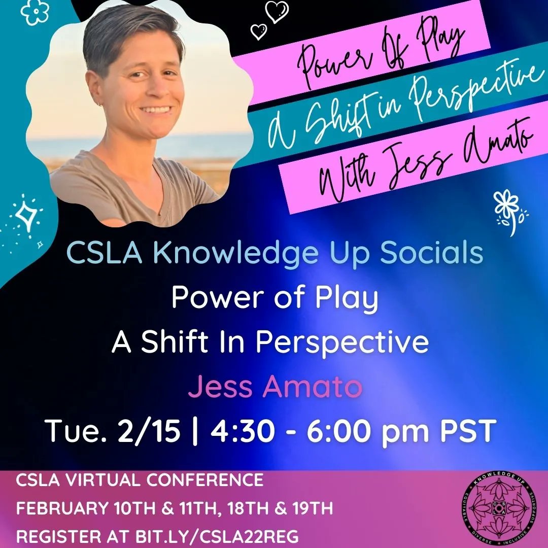 4csla's tweet photo. Join tonight's social "Power of Play, A Shift In Perspective With Jess Amato" 4:30 - 6:00 pm PST! Register for CSLA CON22 at https://t.co/Y2N6CNTEzW  #4CSLA #FutureReadyLibrarian #Educator #PlatformToPlay https://t.co/StuSVDr2z5