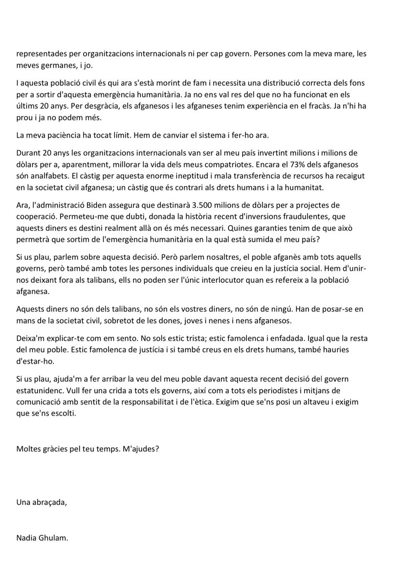 nadiaghulam's tweet photo. Ajuda'm a difondre la veu d'Afganistán davant la recent decisió de l'administració Biden.Faig crida a tots els governs, així a tots els periodistes i mitjans de comunicació amb sentit de la responsabilitat i de l'ètica. Exigim que se'ns posi un altaveu i exigim que se'ns escoltin https://t.co/V6g1f3O3jv