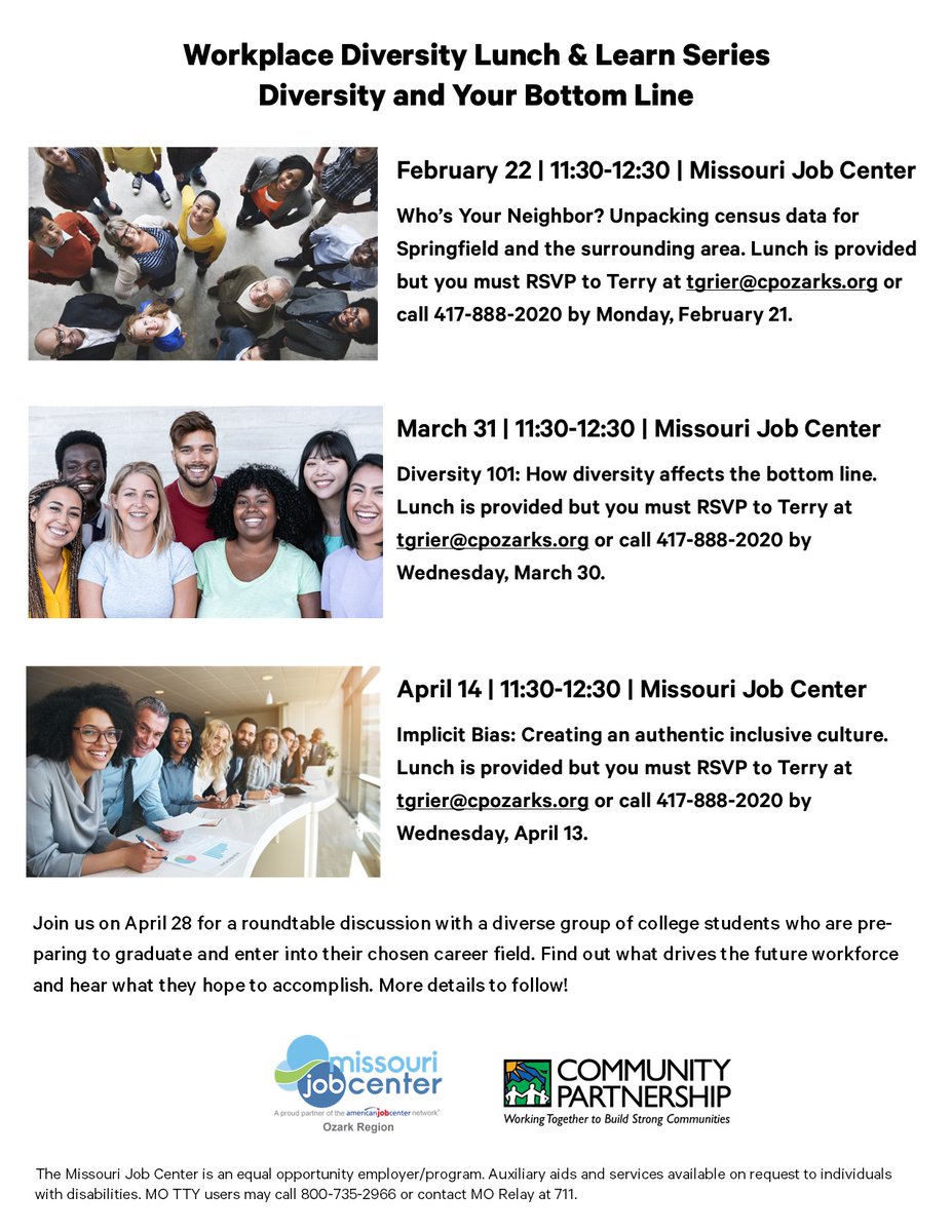 Don't forget to reserve your spot for this insightful Lunch &amp; Learn series on workplace diversity and how it impacts your company's bottom line. Lunch is provided but you must RSVP by Feb. 21. Thanks to <a href="/CPOzarks/">Community Partnership of the Ozarks</a>  for their collaboration!