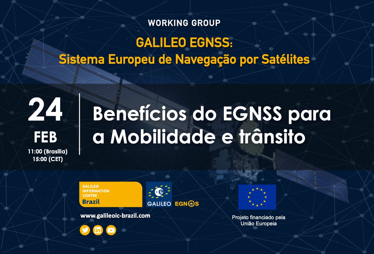 Benefícios do Galileo para Mobilidade e Trânsito. Encontro online do Grupo de Trabalho no dia 24/2 colocará você em contato direto com empresas, desenvolvedores e financiadores do setor. Registre-se para garantir seu lugar galileoic-brazil.com/working-group-…