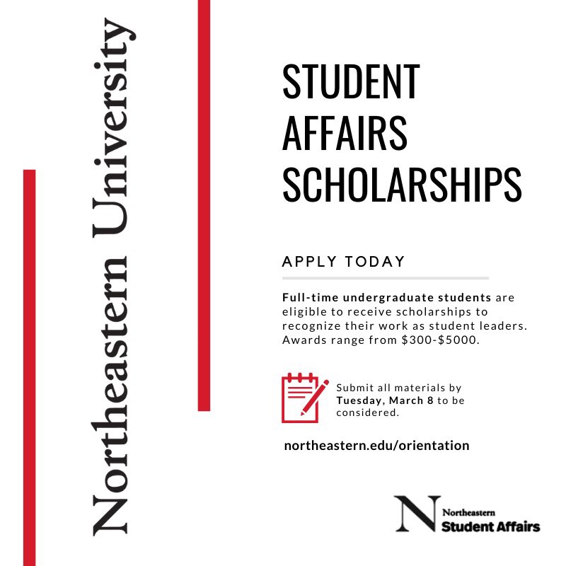 Attention student leaders! Apply now for the 2022 #Northeastern Student Affairs scholarships: northeastern.edu/orientation