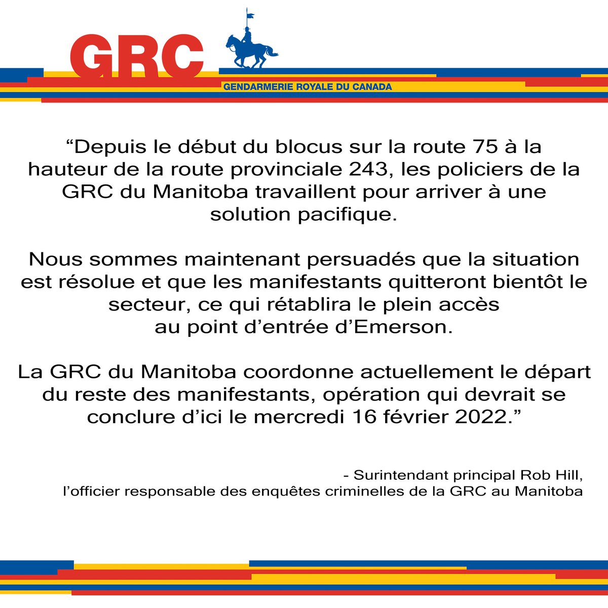 DERNIÈRE HEURE - La GRC estime que la situation est résolue et que les manifestants vont quitter l’autoroute 75 prochainement. #rcmb